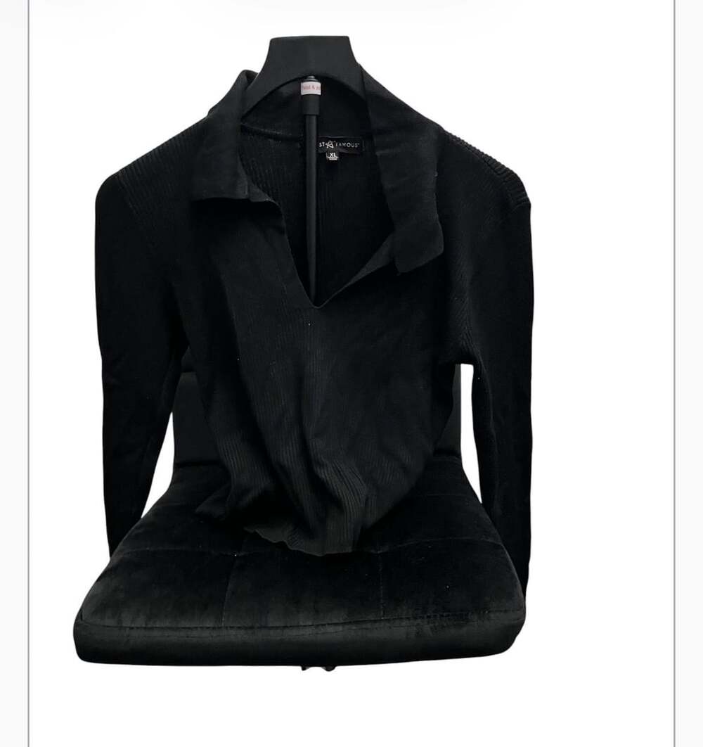 ST FAMOUS Black Ribbed Knit Long Sleeve Collared Polo Shirt Size XL